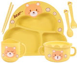 Spanker 7 Piece Mealtime Bamboo Dinnerware for Kids Toddler, Plate and Bowl Set Eco Friendly Dishwasher Safe Great Gift for Birthday - Bubu Bear (Yellow)