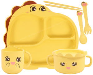 Spanker 7 Piece Mealtime Bamboo Dinnerware for Kids Toddler, Plate and Bowl Set Eco Friendly Dishwasher Safe Great Gift for Birthday - Cutie Saurus (Yellow)