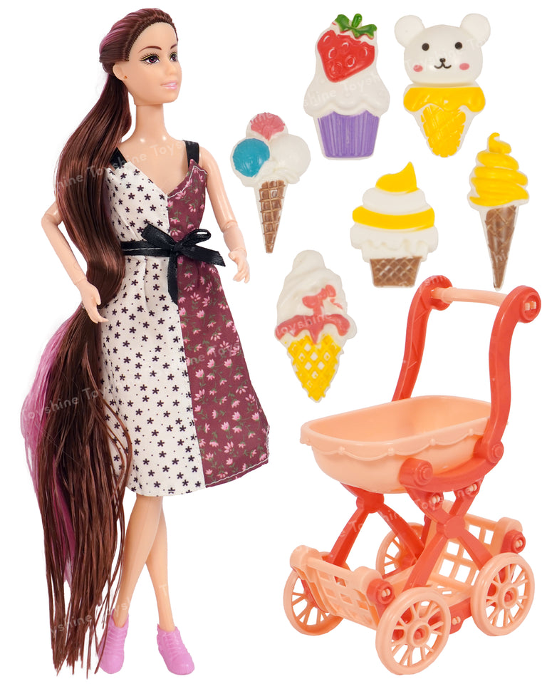 Toyshine Alia Doll with Ice Cream Pretend Play Set for Age 3+ Fun Role Play Toy Set - Brown