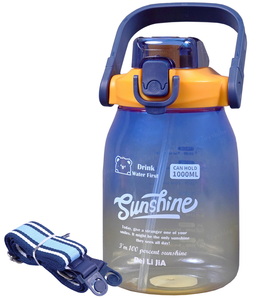 Toyshine 1000ml Tritan Leak-Proof BPA Free Large Capacity Anti Spill Big Belly Portable Handle and strap Water Bottle with Straws Ideal for Office Sports School Gym Yoga - Blue