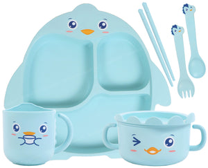Spanker 7 Piece Mealtime Bamboo Dinnerware for Kids Toddler, Plate and Bowl Set Eco Friendly Dishwasher Safe Great Gift for Birthday - PIPI Pinggu (Blue)