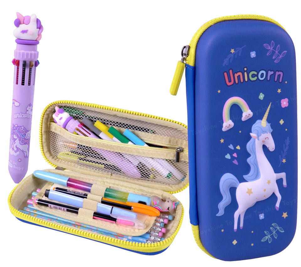 Toyshine 3D EVA Unicorn Pencil Pouch Large Capacity Pencil Pen Organizer Box Pouch Bag with Compartment Student Stationery Box for Age 3+ (Blue)