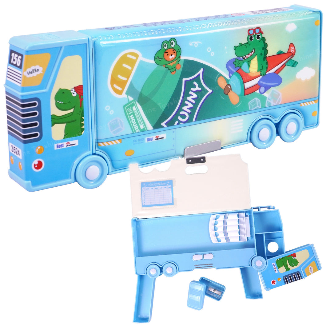 Toyshine Flying Dino Double Compartment Bus Pencil Box with Moving Tyres Button Enabled Storages and Sharpner for Kids - Blue