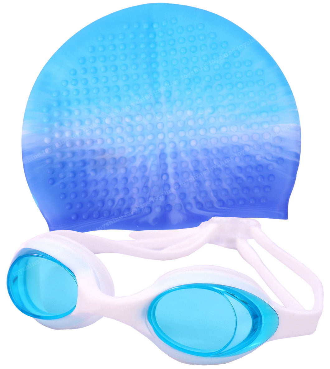Toyshine Swimming Combo Kit for kids- 1 pc Bubble design swim cap, 1 Goggles with ear plugs (Blue-Multi)