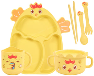 Spanker 7 Piece Mealtime Bamboo Dinnerware for Kids Toddler, Plate and Bowl Set Eco Friendly Dishwasher Safe Great Gift for Birthday - Kuku Cock (Yellow)