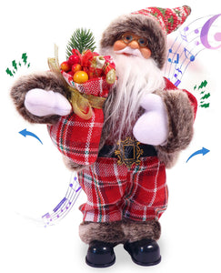 Toyshine 12" Red Check Fabric Musical and Dancing Santa Claus Toy Holding Fruit and Gift Potli - Winter Wonderland Themed Christmas Decoration