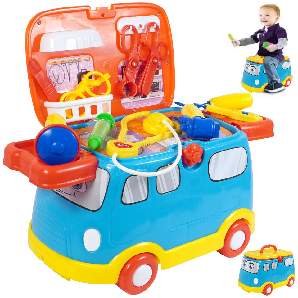 Toyshine 2 in 1 Doctor Vehicle Mini Bus Baby Ride on Cum Doctor Play 16 pc Set for Kids Age 3 +