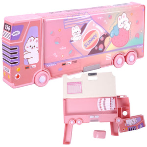 Toyshine Sunny Rabbit Double Compartment Bus Pencil Box with Moving Tyres Button Enabled Storages and Sharpner for Kids - Pink