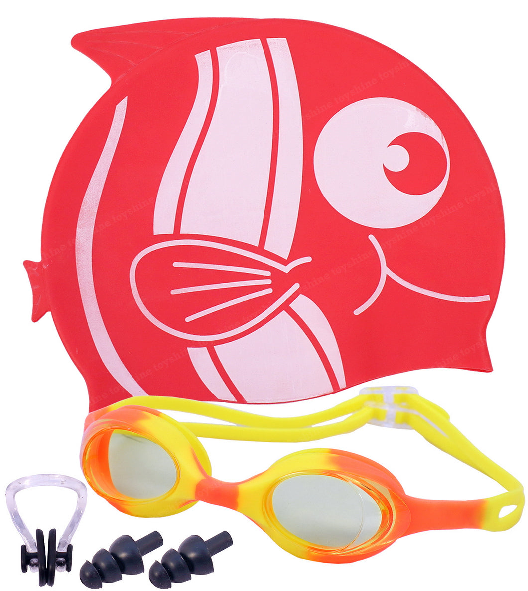 Toyshine Kids Swim Goggles and Fish Design Swim Hat for Child Boys Girls Age 3-12- with ear and nose plug (Red -Multi)