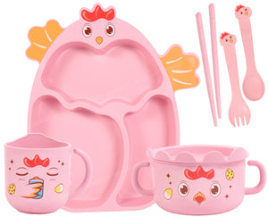 Spanker 7 Piece Mealtime Bamboo Dinnerware for Kids Toddler, Plate and Bowl Set Eco Friendly Dishwasher Safe Great Gift for Birthday - Kuku Cock (Pink)
