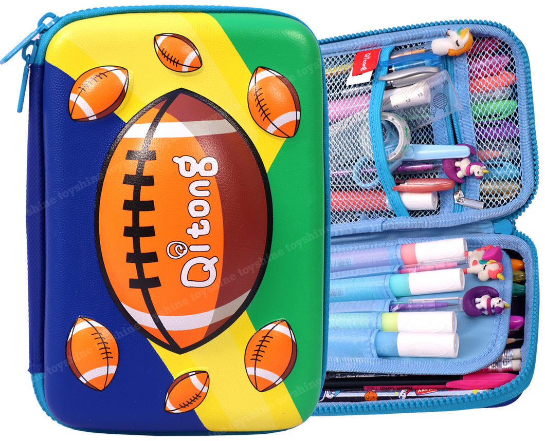 Toyshine Ball Games Theme Hardtop Pencil Case with Compartments - Kids Large Capacity School Supply Organizer Students Stationery Box - Girls Boys Pen Pouch, Rugby