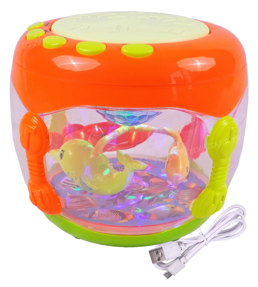 Toyshine Hand Beat Musical Fish Aquarium Drum Toy Rechargeable with Rotating Dynamic Lamplight Fun Educational Toy for Baby Toddlers