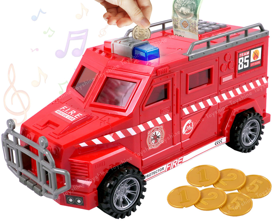 Toyshine Fingerprint Sensor Money Bank Fire Resque Musical Toy Truck with Password Operation Learning Educational Toy with Demo Coins Gifts for Boys Girls