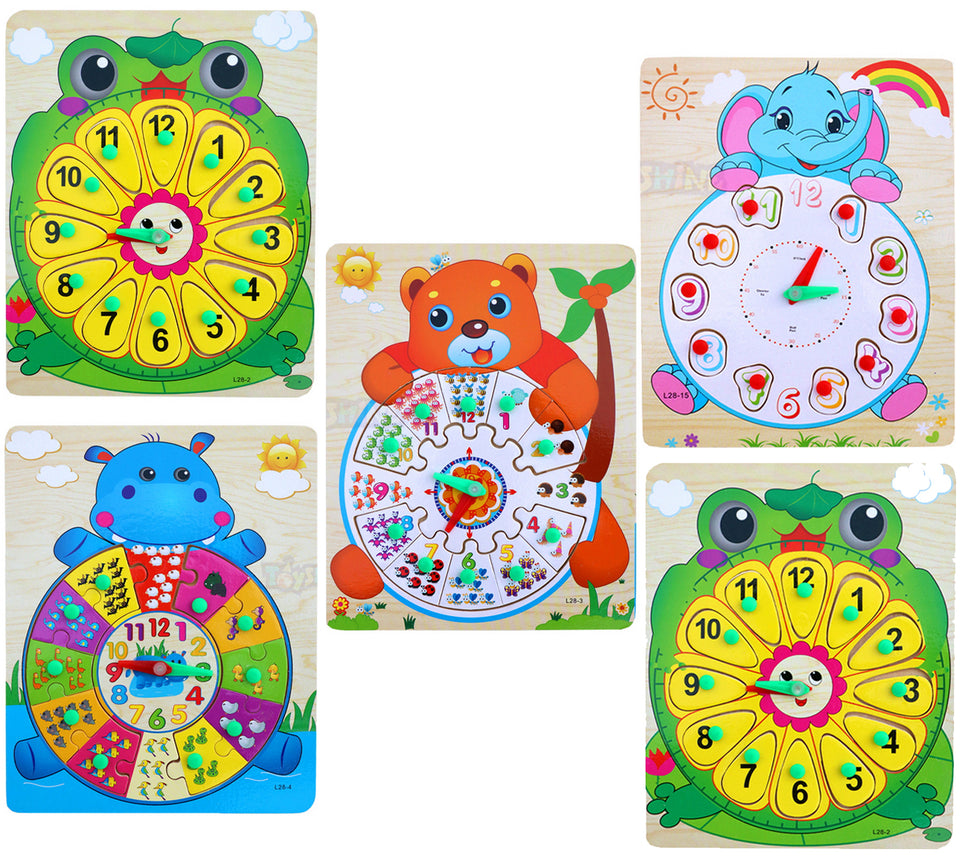 Toyshine 5 pc Time Learning Cute Animal Shaped Wooden Clock for Kids with Moveable Hands