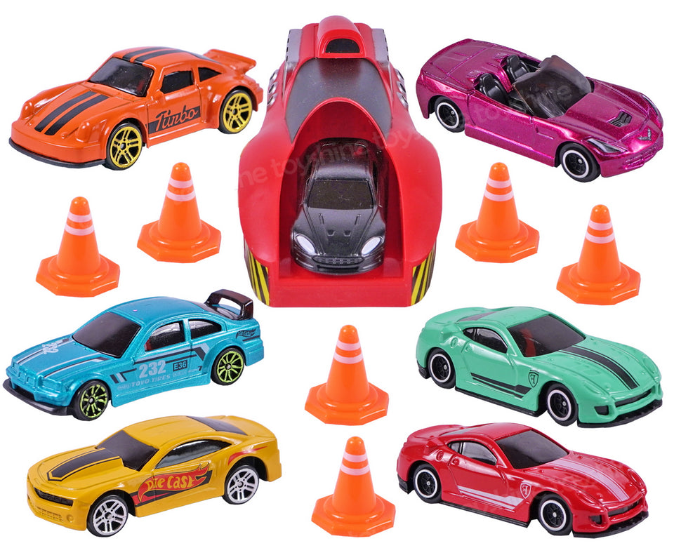 Toyshine Rapid Launcher Play Set Toy with 7 Die Cast Metal Cars and 3 Stoppers Toddler Racing Car Quick Action Racing Set for Boys and Girls