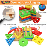 Toyshine Wooden Shapes Square Column Blocks Sorting & Stacking Toys for Kids Toddlers for 1 2 3 Year Old - Multi Color (TS-2022)