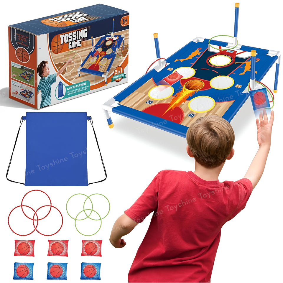 Toyshine 2 in1 Portable Children's Indoor and Outdoor Bean Bag toss Set with 5 Holes for Scoring, 6 pod Bags and 6 Lasso Rings Fun Family Party Games Ideal Gift for Kids 3+