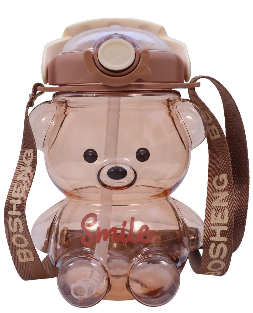 Toyshine Smile Bear 1000 ML Kids Water Bottle With Spill Proof Straw, Pop Button, BPA Free - Featuring Soft Handle Grip and Strap Children's Drinkware, Brown