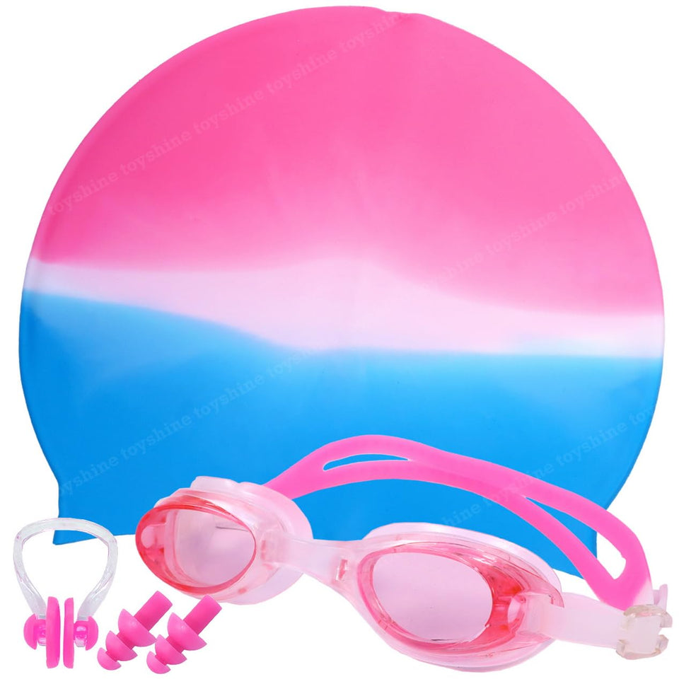 Toyshine Swimming Combo Kit for kids- 1 pc swim cap, 1 Anti Fog Goggles with ear plugs (Pink Combo)