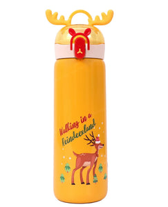 Spanker ReinDeer Shape Edition Insulated SUS 304 Kids Water Bottle Spill Valve Silicone Handle, Pop Button, BPA Free for Kids School, Children's Drinkware - 440 ML - Yellow