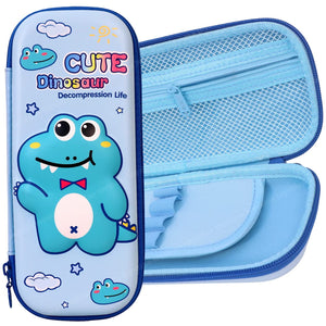 Toyshine Dino Hardtop Pencil Case with Multiple Compartments - Kids School Supply Organizer Students Stationery Box - Girls Pen Pouch- Light Blue