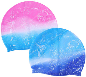 Toyshine Bathing Caps Non-Slip for Long Hair Silicone Swimming Caps for Women, Spray Design Pink Multi - Blue Multi(Pack of 2) SSTP