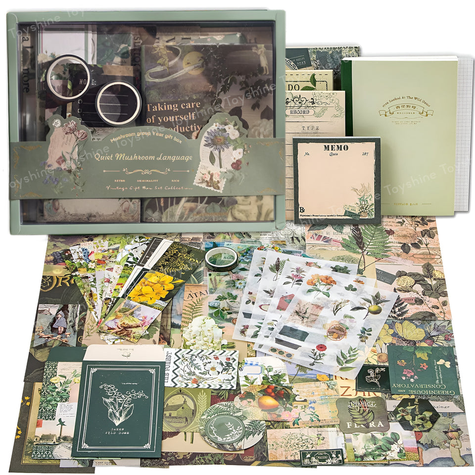 Toyshine Green Field Scrapbooking Vintage Collection - Gift Box Set of 125pcs Aesthetic Journaling Kit, Scrapbook Kit with Stickers, Washi Tapes, Art Craft Gift for Kids Boys Girls Teens - Green