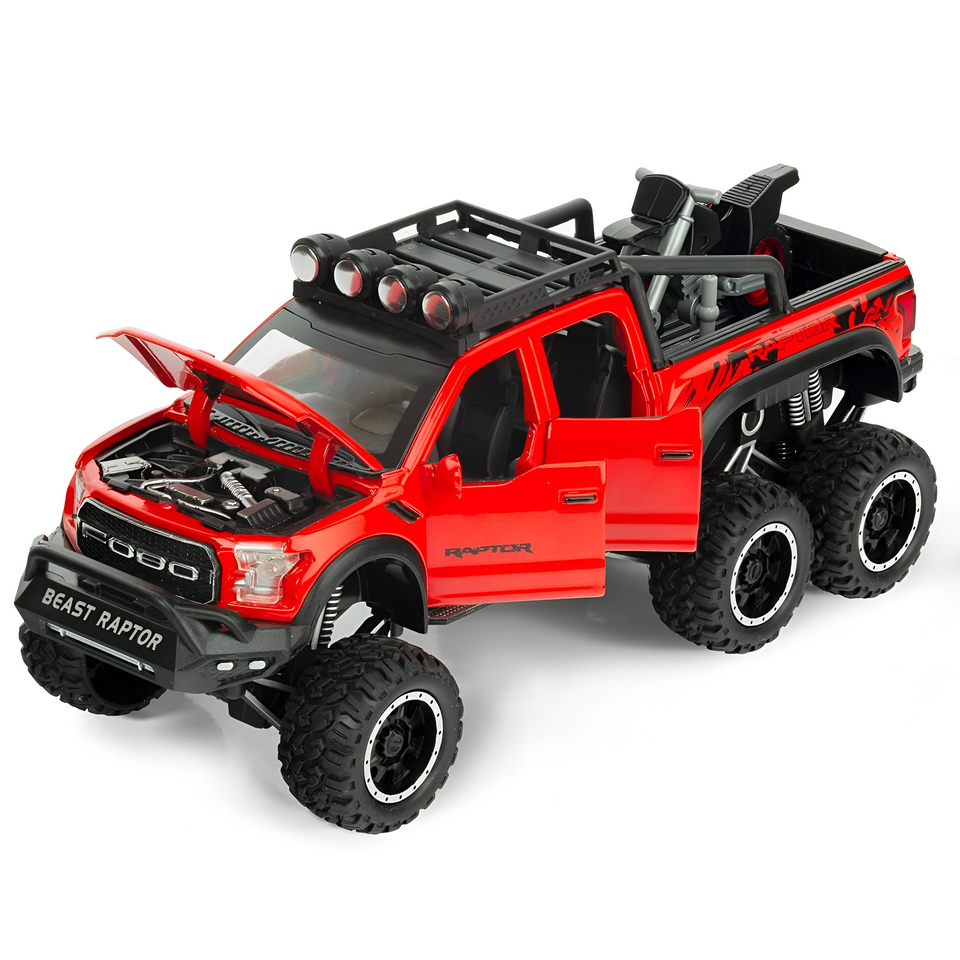 Toyshine 1:28 Scale Die Cast Pickup Truck F150 Raptor Vehicle Toy Car with Music and Lights Along with Pull Back Function, Opening Doors and Back Feature for Kids Boy Girl 3+, Red