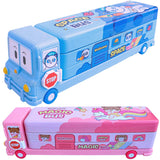 Toyshine Set of 2 Cartoon Printed School Bus Matal Pencil Box with Moving Tyres and Sharpner for Kids - Blue and Pink