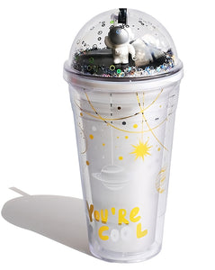 Toyshine Astronaut Glitter Water Bottle Tumbler Sipper Cup, Travel Mug Black Space, Reusable Plastic Cup with Lid - 480 ML - White