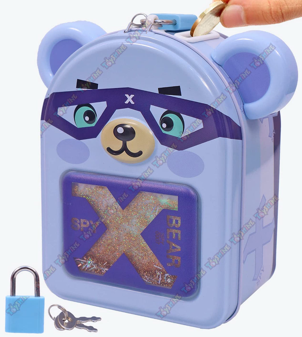 Toyshine Bear Money Box Safe Piggy Bank With Lock, Savings Bank For Kids, Tin Metal - Bear Blue, Classic