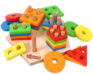 Toyshine Wooden Angle Geometric Blocks Stacker Shape Sorter Column Puzzle Stacking Set for Kids- Pentagon