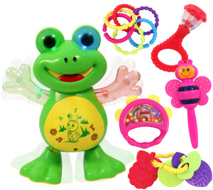Toyshine Combo Pack of 2 | Musical and Dancing Frog and 5 PCS Rattle Set for New Born Babies | Baby and Toddler Development & Educational Toys