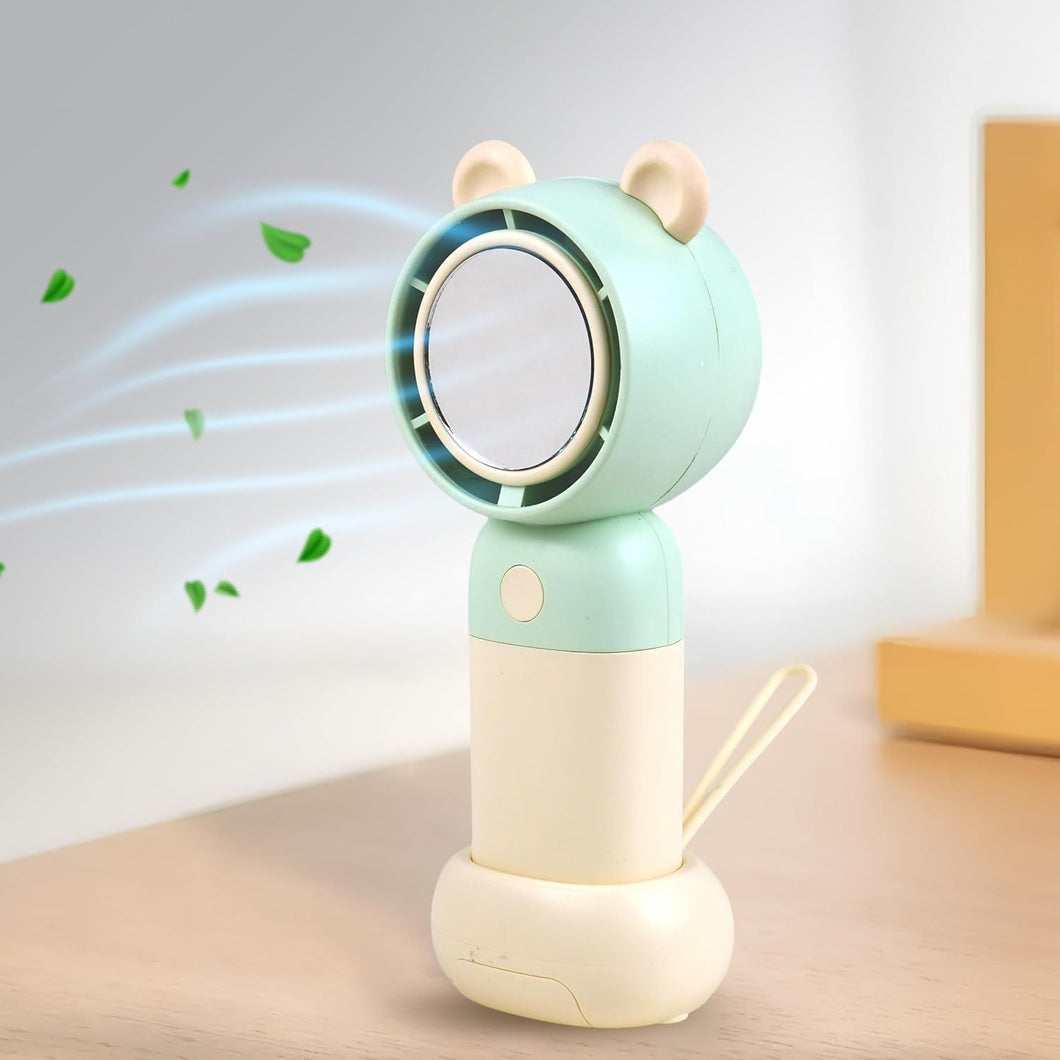 Toyshine Mini Portable Rechargeable Handheld Personal Short Handle Small Desk Fan with 3 speed Airflow | Folding Stand & Inbuilt with Mirror For Kids Girls indoor Outdoor - Yellow