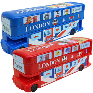 Toyshine Combo Pack of 2 Double Decker London Bus Metal Pencil Box with Moving Tyres and Sharpener | Birthday Return Gift Party Favor for Kids Boys, Birthday Party Return Gift - Red + Blue