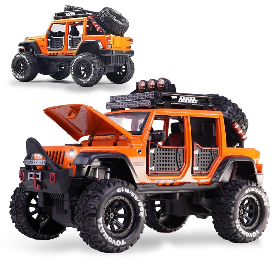 Toyshine 1:24 Scale Die Cast Off-Road Vehicle Toy with Music and Lights | Pull Back Function & Opening Hood Feature Diecast Miniature Model Toy for Car Lovers & Kids 3+, Orange