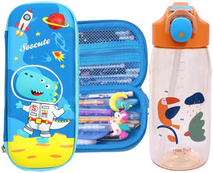 Toyshine Set of 2 Space Dino Hardtop Pencil Case with Tritan Grip Bottle - Kids Large Capacity School Supply Organizer Students Stationery - Boys Pen Pouch