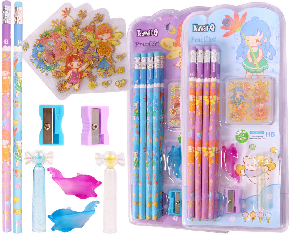 Toyshine Pack of 46 Flower Fairy Pencil Stationary Set - 16 Pencils, 2 Sharpener, 2 Pencil Grip, 24 Stickers, 2 Pencil Cap Birthday Party Return Gift Party Favor for kids