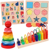 Toyshine Pack of 3 Wooden Combo Set - Rainbow Stacking Rings, Abacus, Small ABC and Shape Puzzle | Play Montessori Toys for Kids for Girls Boys