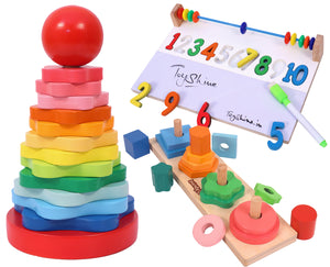 Toyshine Pack of 3 Wooden Monstessori Box | Rainbow Ring Stacker, Column Geometric Building Blocks Stacker, Numbers Learning and Writing Board | Gift Present for 2-5 Years Boy Girl Toddler Toy