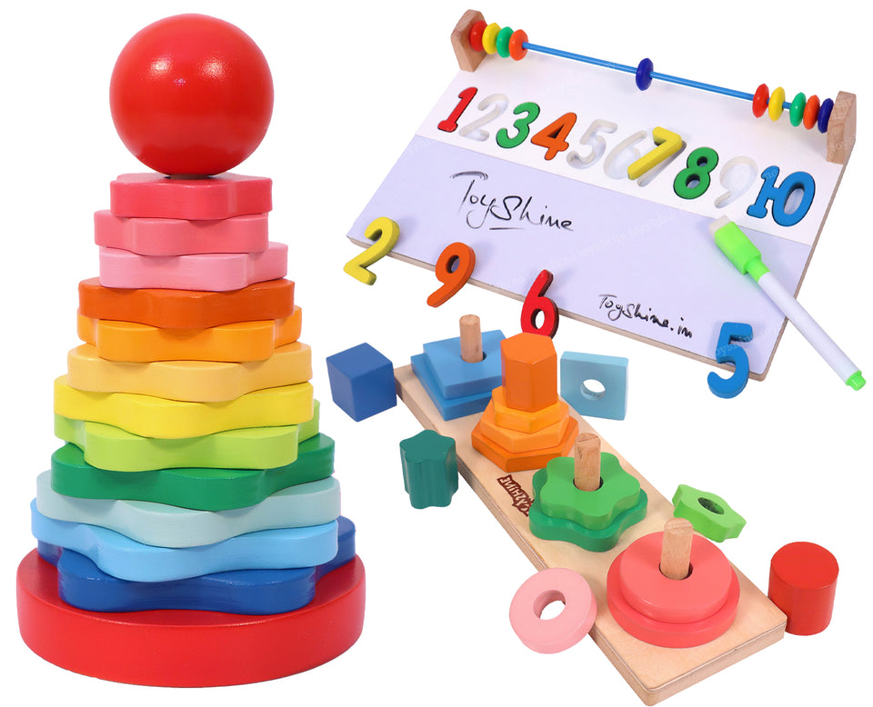 Toyshine Pack of 3 Wooden Monstessori Box | Rainbow Ring Stacker, Column Geometric Building Blocks Stacker, Numbers Learning and Writing Board | Gift Present for 2-5 Years Boy Girl Toddler Toy