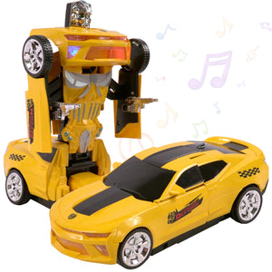 Toyshine 2-in-1 Auto Transforming Auto Robots Action Vehicle Toy with Light Music and Bump and go Function - Yellow