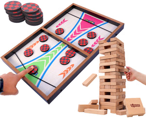 Toyshine Wooden Combo | 54 Building Blocks and Fast Sling Puck Game Board String Hockey Toy | Party Game for Adult Parent Kids Children Family