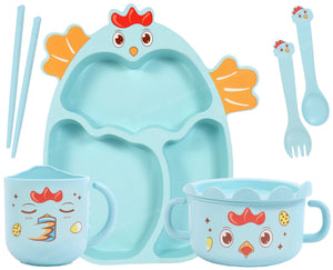 Spanker 7 Piece Mealtime Bamboo Dinnerware for Kids Toddler, Plate and Bowl Set Eco Friendly Dishwasher Safe Great Gift for Birthday - Kuku Cock (Blue)