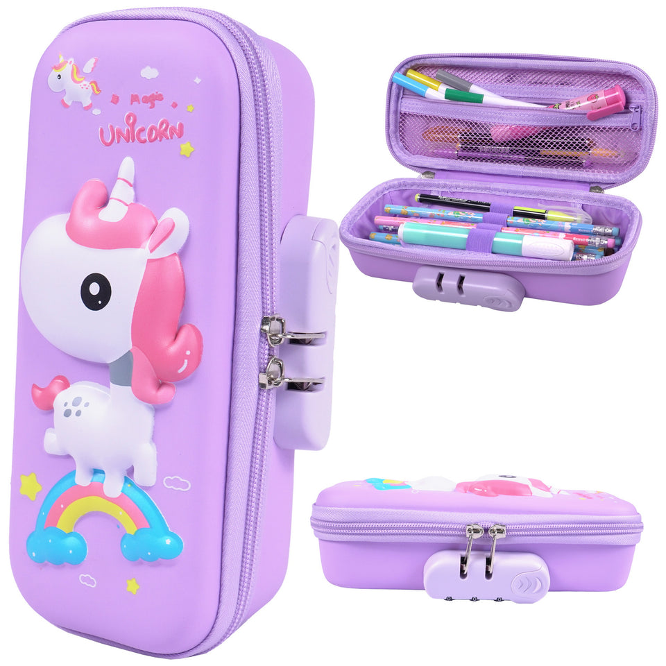 Toyshine 3D EVA Unicorn Pencil Pouch with Password Lock Large Capacity Student Stationery Box for Age 3+ (Purple)