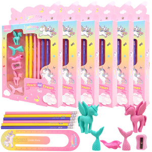 Toyshine Set of 6 Unicorn Mermaid Stationery Set | 36 Pencils, 24 Erasers, 6 Scale, 6 Sharper, 6 Pencil Top | Birthday Party Return Gift Party Favor for Kids
