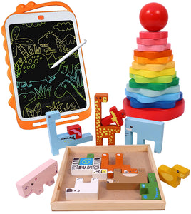 Toyshine Pack of 3 Wooden Monstessori Box | Rainbow Ring Stacker, Animal Stacking Set, 10" Writing Tablet for Kids | Gift Present for 2-5 Years Boy Girl Toddler Toys