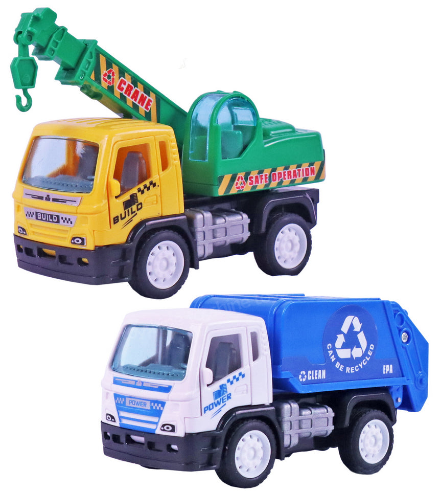 Toyshine Pack of 2 Pullback City Builder Construction Truck Vehicles Crane and Garbage Truck Toy Moveable Parts Non-Toxic for 3+ Years - Model A