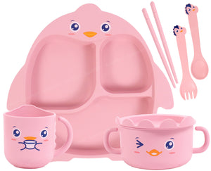 Spanker 7 Piece Mealtime Bamboo Dinnerware for Kids Toddler, Plate and Bowl Set Eco Friendly Dishwasher Safe Great Gift for Birthday - PIPI Pinggu (Pink)