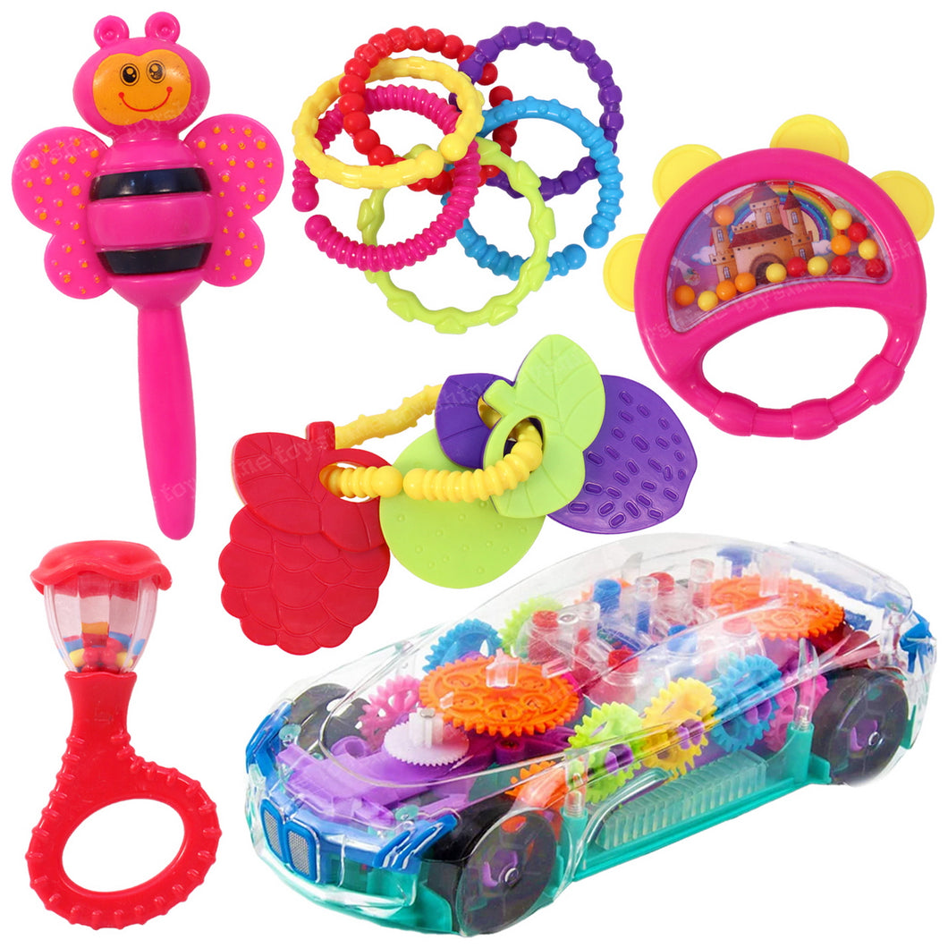 Toyshine Combo Pack | Transparent Concept car and 5pc Rattle Set | Baby and Toddler Development & Educational Toys